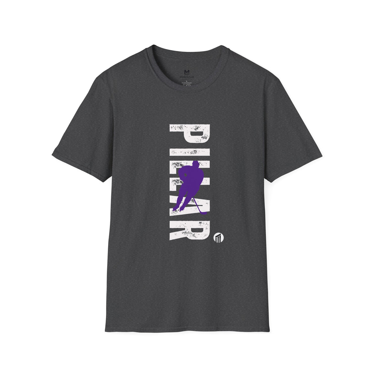 Pillar Hockey Vertical Graphic T‑Shirt — Distressed Block Letter Tee with Purple Accent
