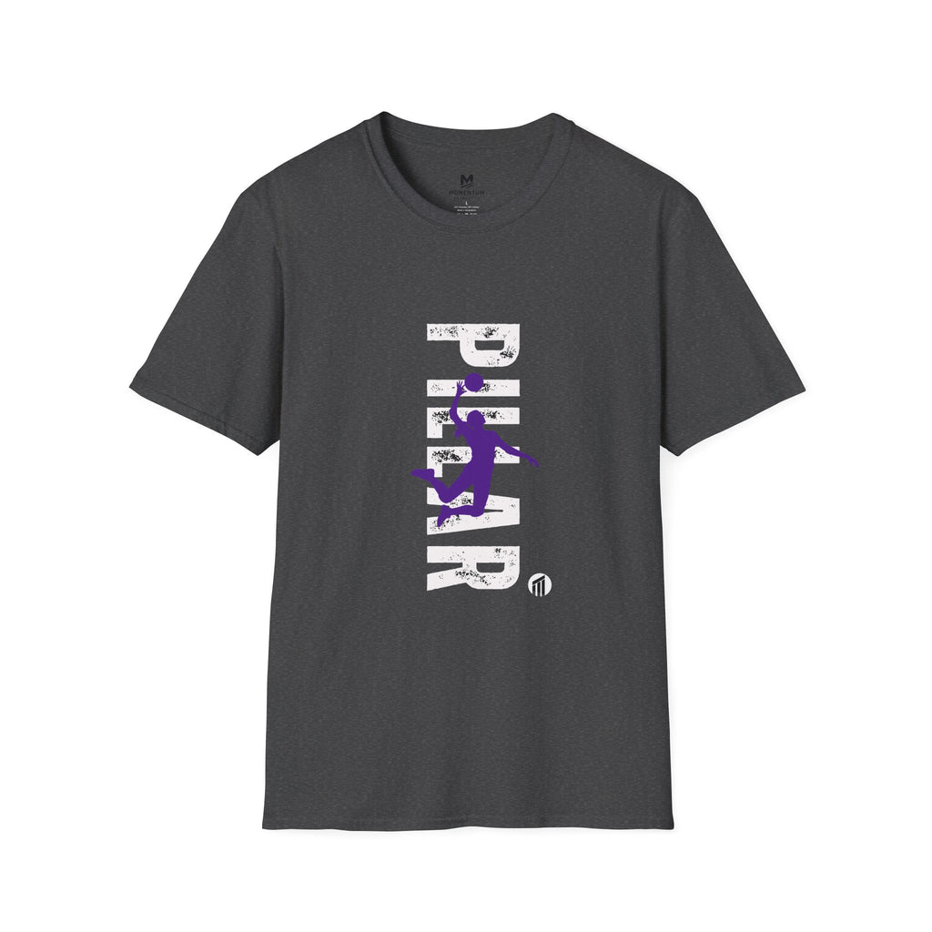 Pillar Volleyball Vertical Text T-Shirt — Distressed White & Purple Volleyball Graphic Tee