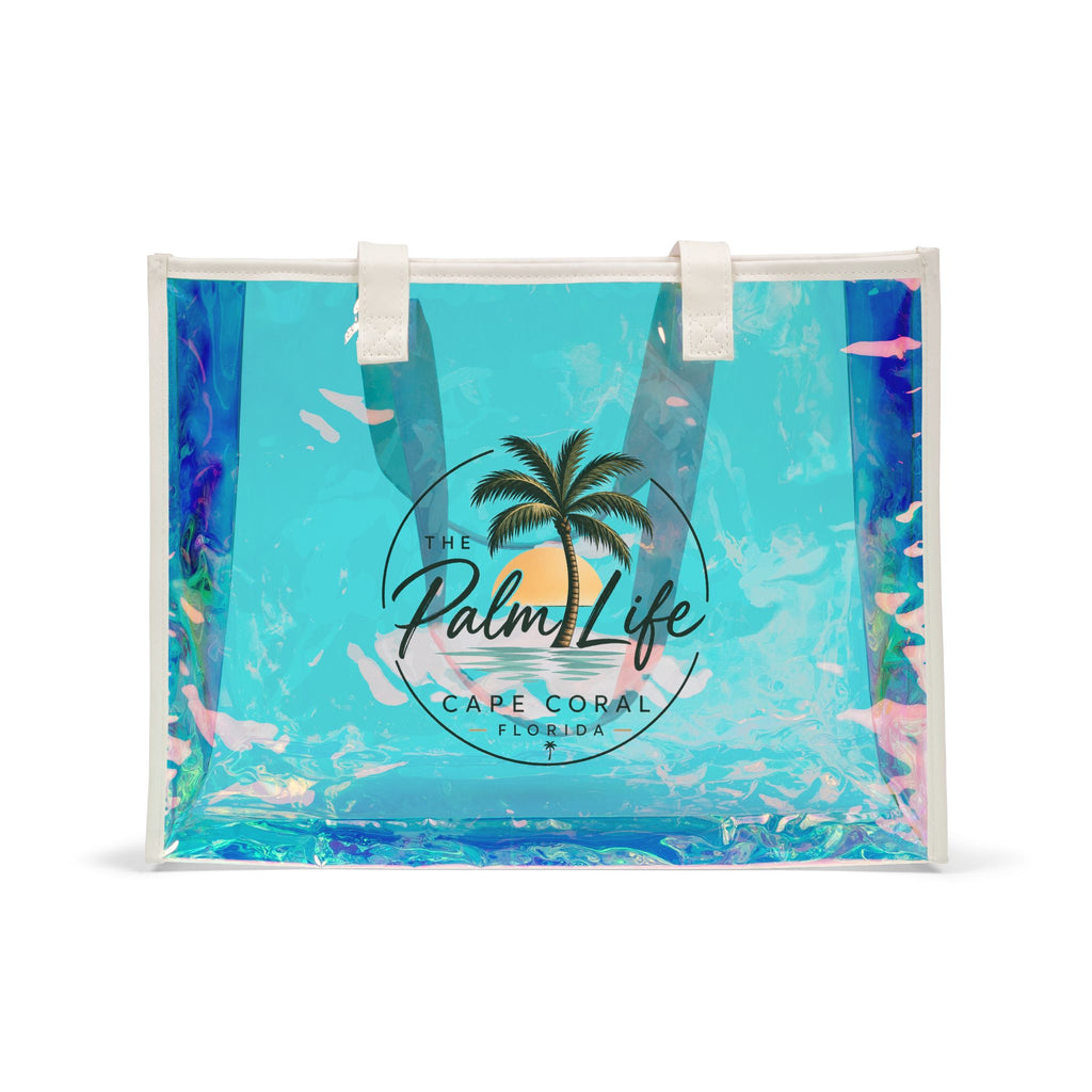 Holographic Beach Tote Bag — "Palm Life" Iridescent Vinyl Beach Bag