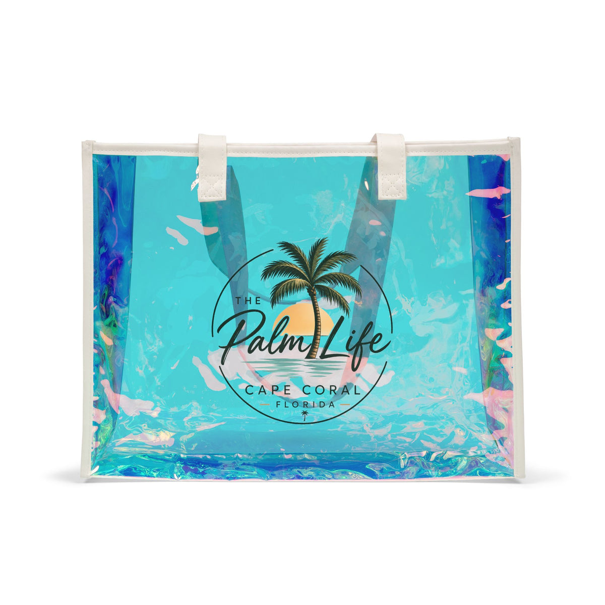 Holographic Beach Tote Bag — "Palm Life" Iridescent Vinyl Beach Bag