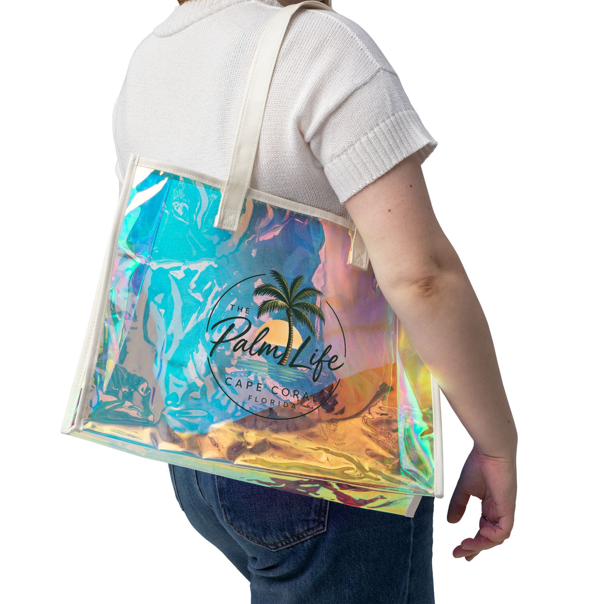 Holographic Beach Tote Bag — "Palm Life" Iridescent Vinyl Beach Bag