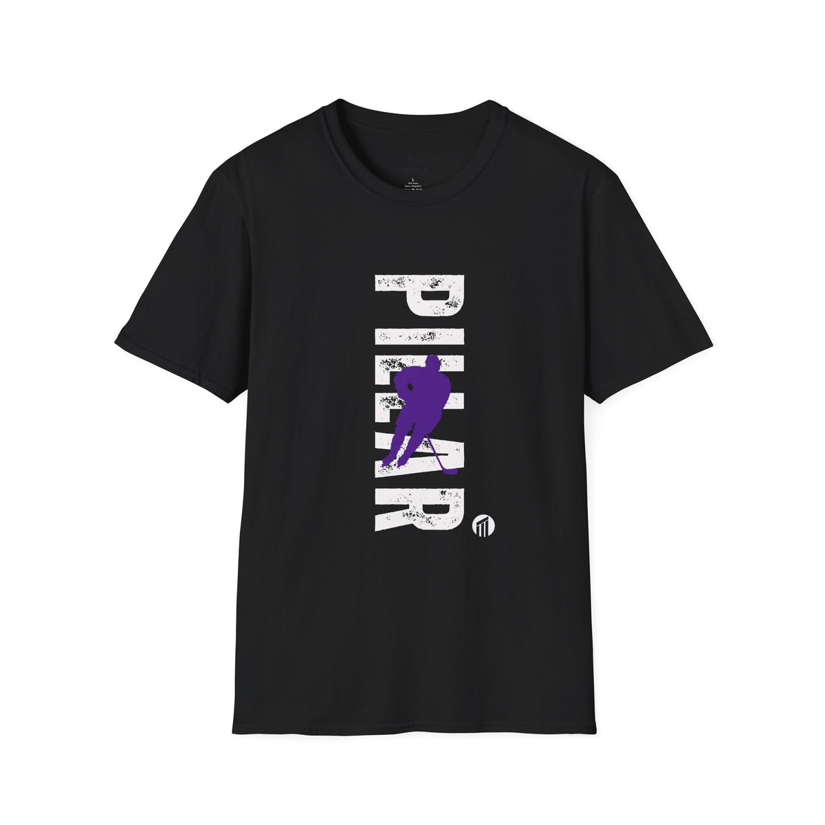 Pillar Hockey Vertical Graphic T‑Shirt — Distressed Block Letter Tee with Purple Accent