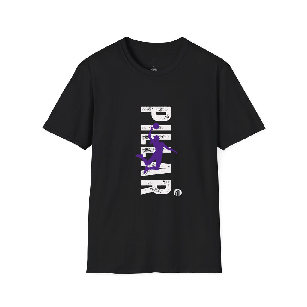 Pillar Volleyball Vertical Text T-Shirt — Distressed White & Purple Volleyball Graphic Tee