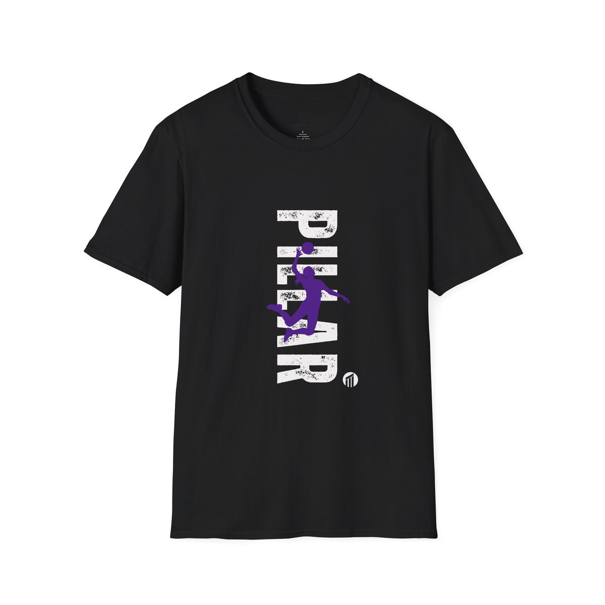 Pillar Volleyball Vertical Text T-Shirt — Distressed White & Purple Volleyball Graphic Tee