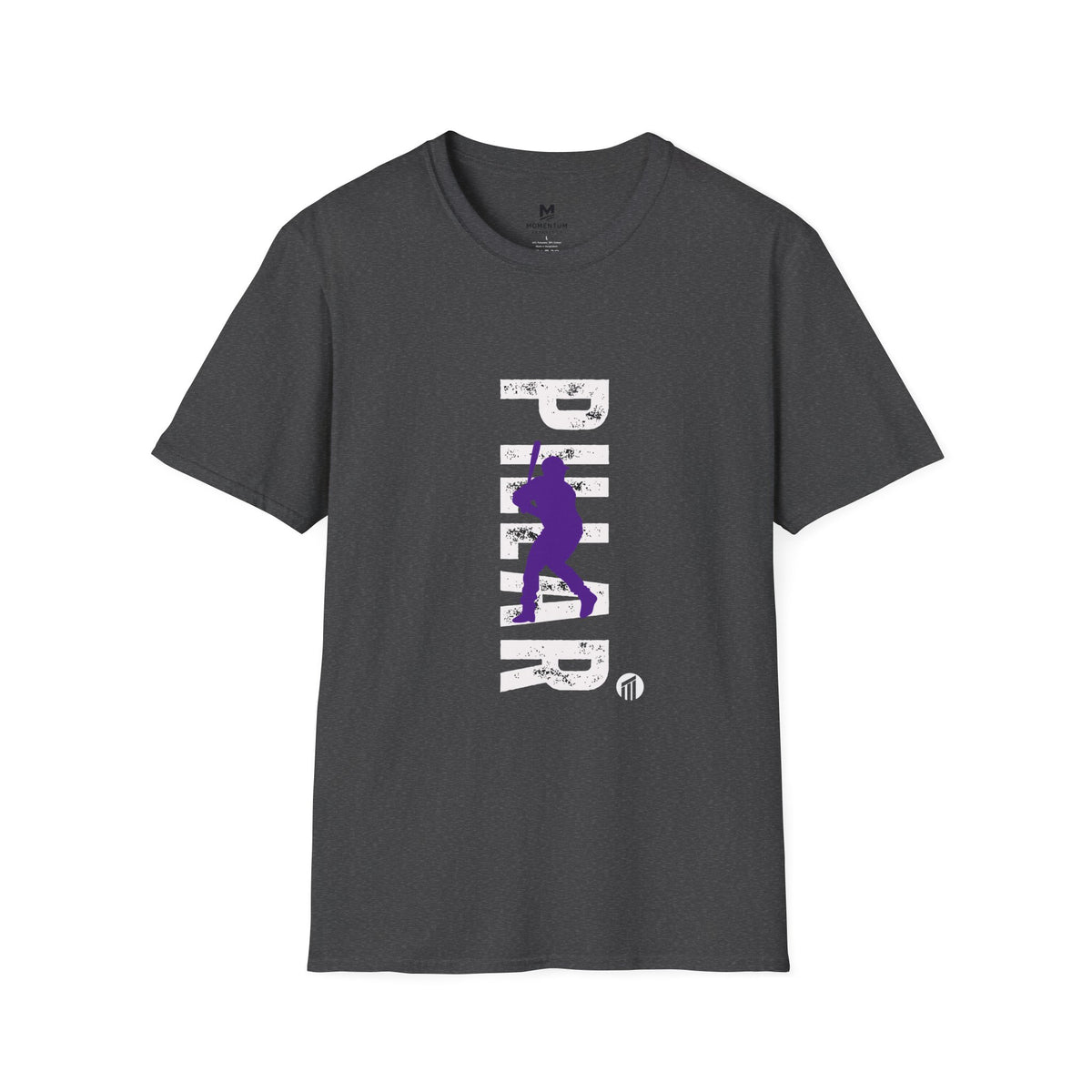 Pillar Baseball Tee — Vertical Distressed Graphic with Purple Silhouette